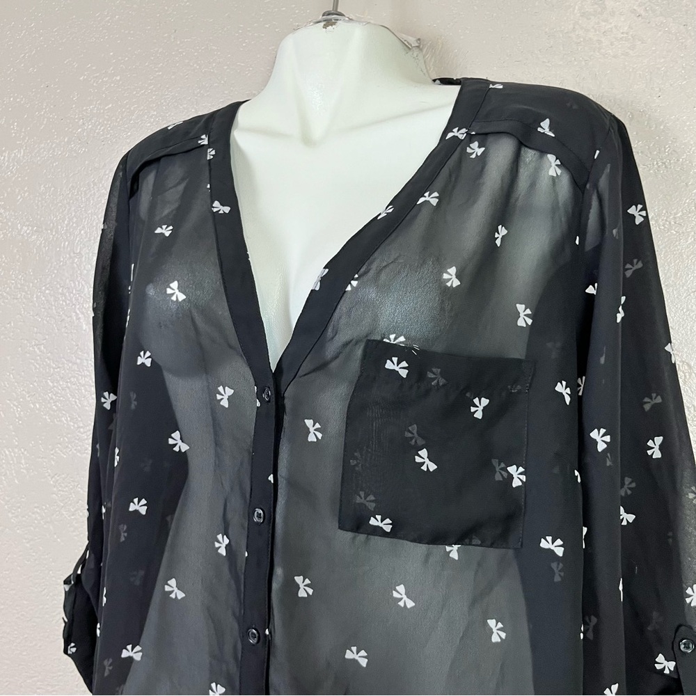 Maurices Women 2 Button Down Blouse Semi-Sheer Bow V-Neck Tab Sleeves 5 for $30 - Picture 5 of 16